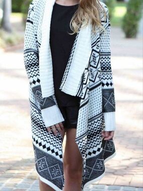hazel Black and Tan Open-Front Geometric Knit Cardigan